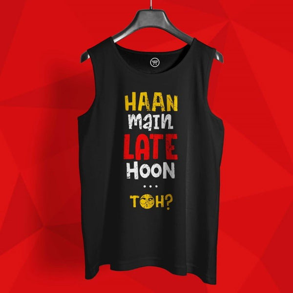Black cotton sando for sports with colorful printed text design hanging on hanger