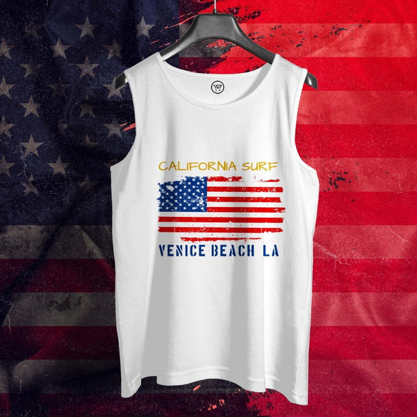 White cotton sando for workout and gym with California surf and American flag design