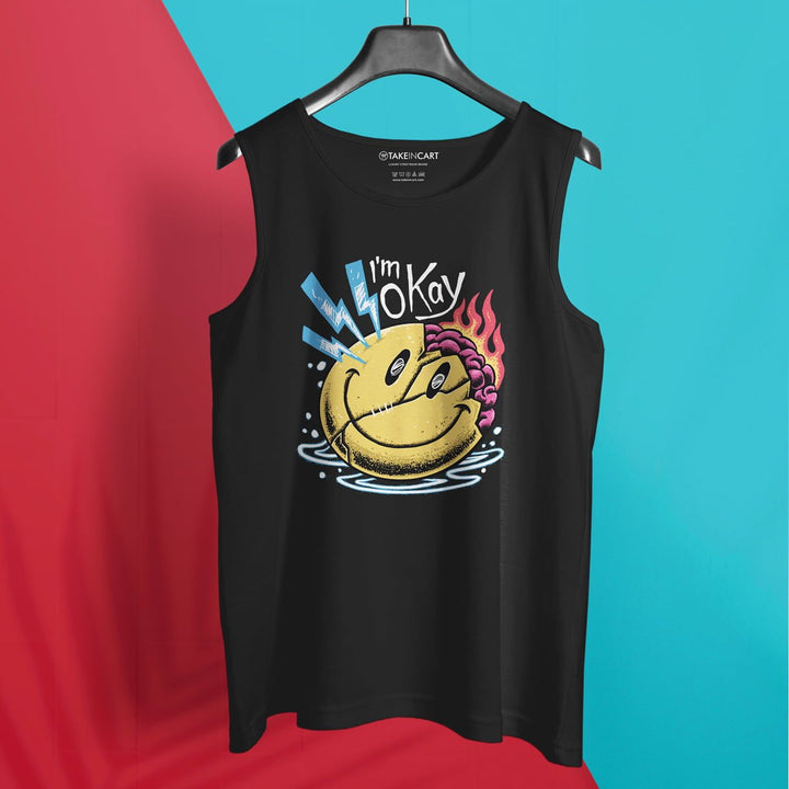 Black cotton sando for yoga by Takeincart featuring a colorful smiley face graphic with text I'm Okay