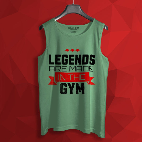 Green cotton sando tank top with Legends are made in the gym print for sando online shopping