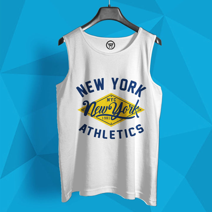 White cotton sando vest with New York Athletics graphic print by Takeincart hanging on black hanger