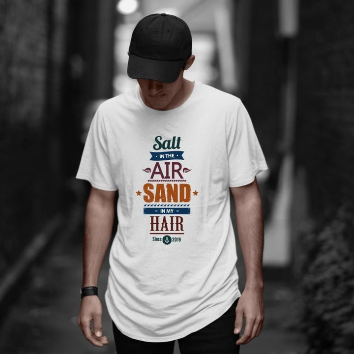 Takeincart cotton longline T shirt with seaside typography print worn by model full print sando men casual summer staple