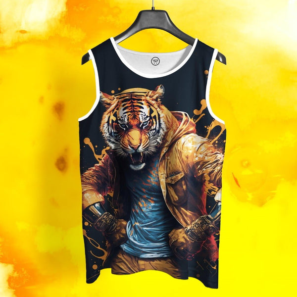 Full print sando for men featuring a vivid tiger character wearing a jacket on a black sleeveless tank