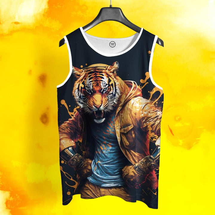 Full print sando for men featuring a vivid tiger character wearing a jacket on a black sleeveless tank