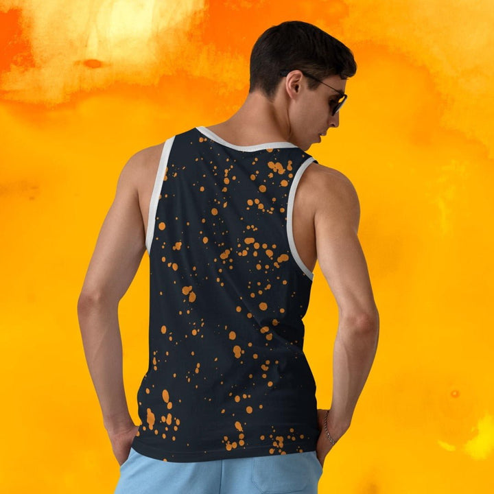 Full print sando for men black tank with orange paint splatter white trim worn by model from back