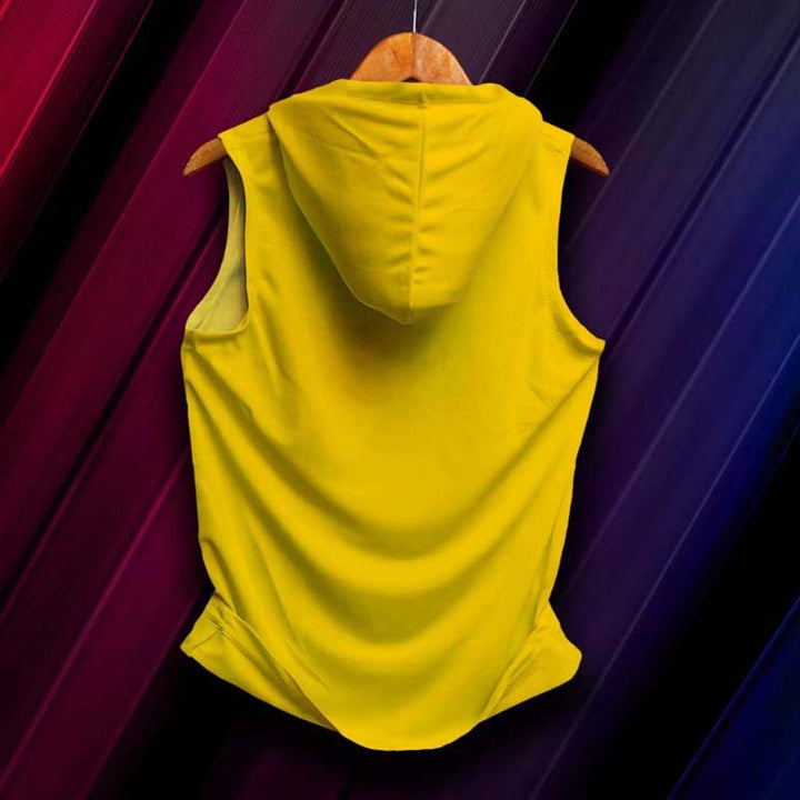 Takeincart yellow cotton sleeveless hoodie back view Hoodie sando hanging on wooden hanger