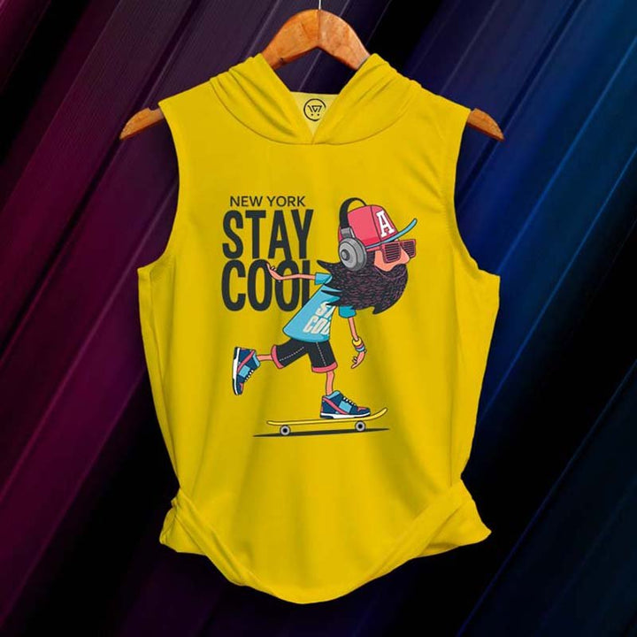Takeincart yellow cotton Hoodie sando with hood sleeveless design skateboarder graphic and Stay Cool print