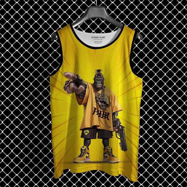 Designer full print sando yellow tank top featuring gangster gorilla graphic with sneakers and gold chains