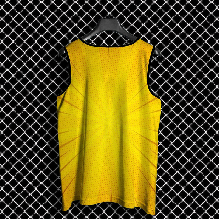 Designer full print sando yellow sunburst printed tank back view on hanger against chain link fence