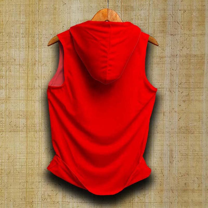 Takeincart red cotton sando hooded sleeveless top back view on wooden hanger against wood background