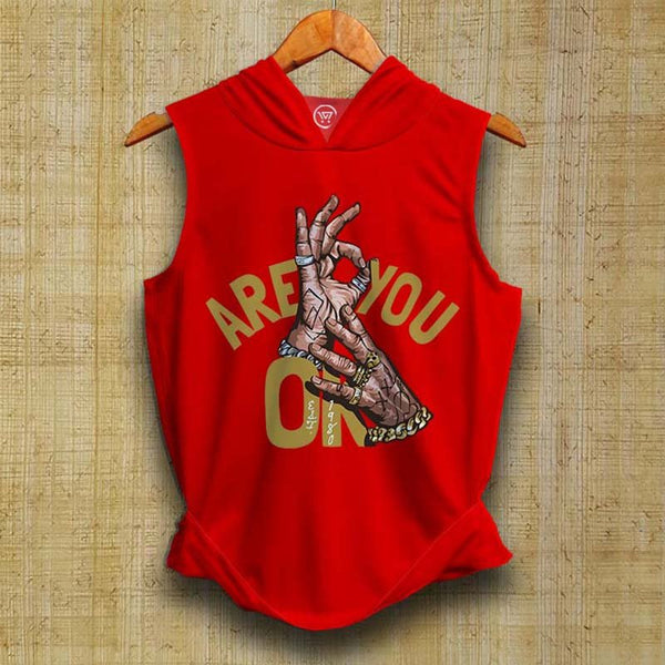 Red hooded sleeveless cotton sando with graphic hand OK gesture and ARE YOU OK typography on front
