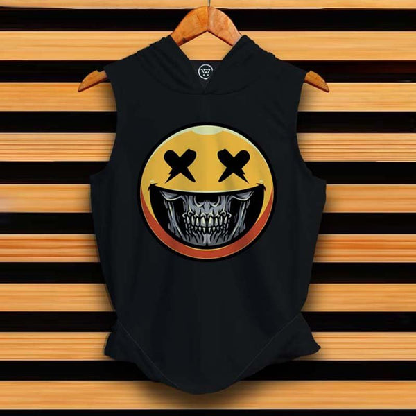Takeincart black cotton sleeveless plain hoodie with yellow smiley skull graphic on hanger