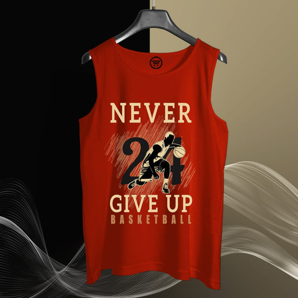 Red stretchable sando t-shirt with basketball graphic and Never Give Up text by Takeincart