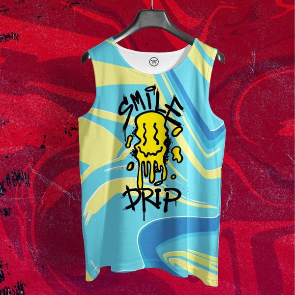 Takeincart full printed hot summer sando with blue yellow swirl pattern and Smileo Drip graphic for casual beach wear