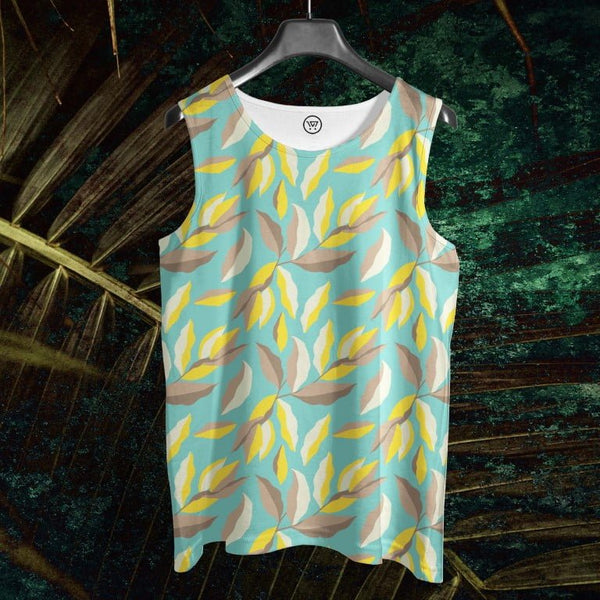Takeincart all print summer sando turquoise leaf pattern sleeveless tank top with yellow and beige leaves