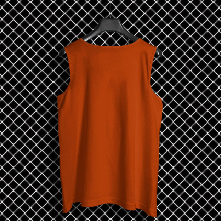Orange sleeveless cotton tank top back view on hanger against chain link fence cotton sando for men