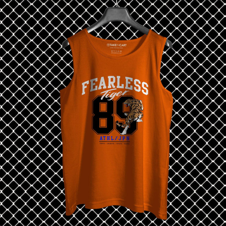 Takeincart orange cotton sando for men with Fearless Tiger 89 graphic and tiger print athletic sleeveless tank