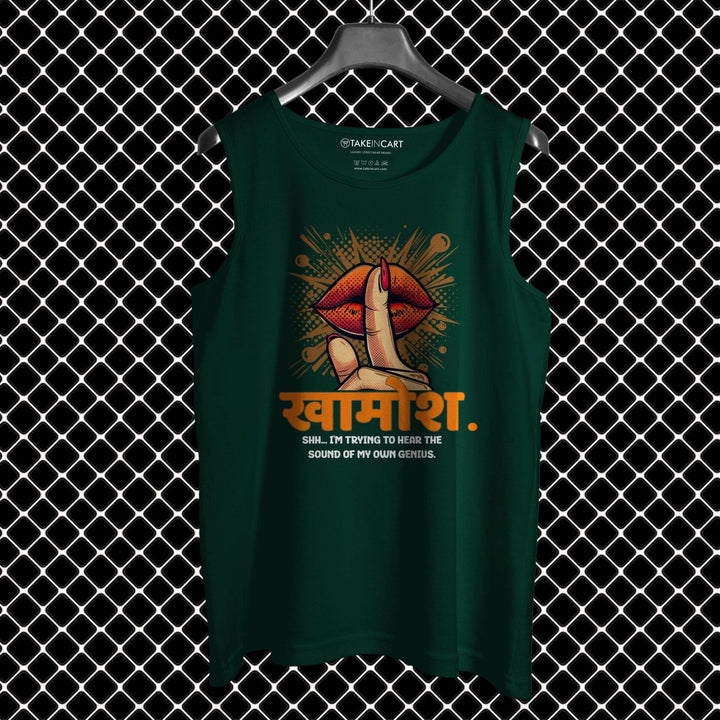 Takeincart green cotton fitness sando for men with graphic lips and finger design on front