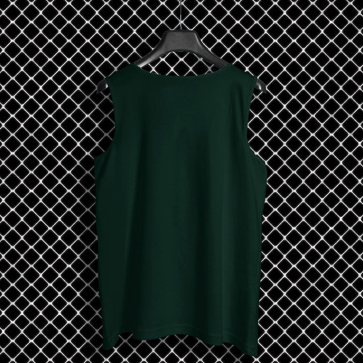 Dark green cotton fitness sando for men hanging on black hanger with chain link fence background