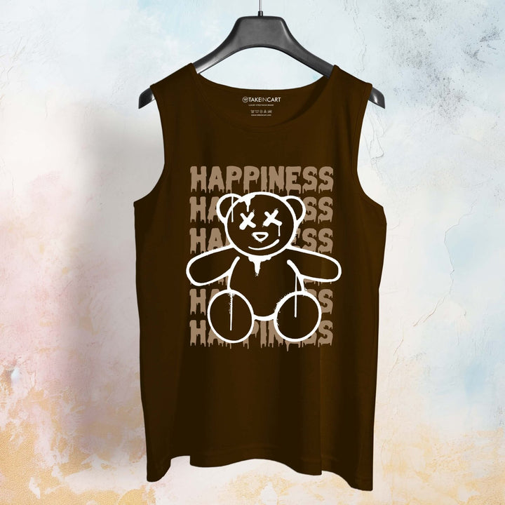 Takeincart brown gym wear cotton sando with a graphic teddy bear and happiness text design