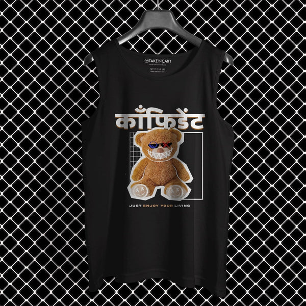 Black cotton home wear sando with teddy bear graphic and text hanging on black hanger