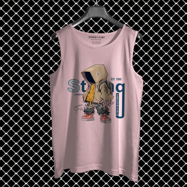 Takeincart pink cotton Sandos tank with hooded character print on hanger sleeveless summer top men