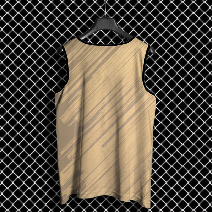 Oversized full print sando beige sleeveless tank back view with diagonal brush stroke pattern on hanger against fence