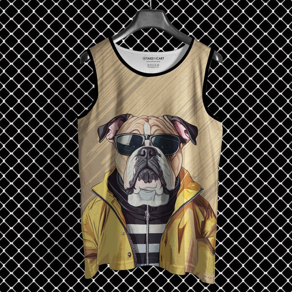 Oversized full print sando featuring bulldog in sunglasses and yellow jacket over striped shirt on hanger