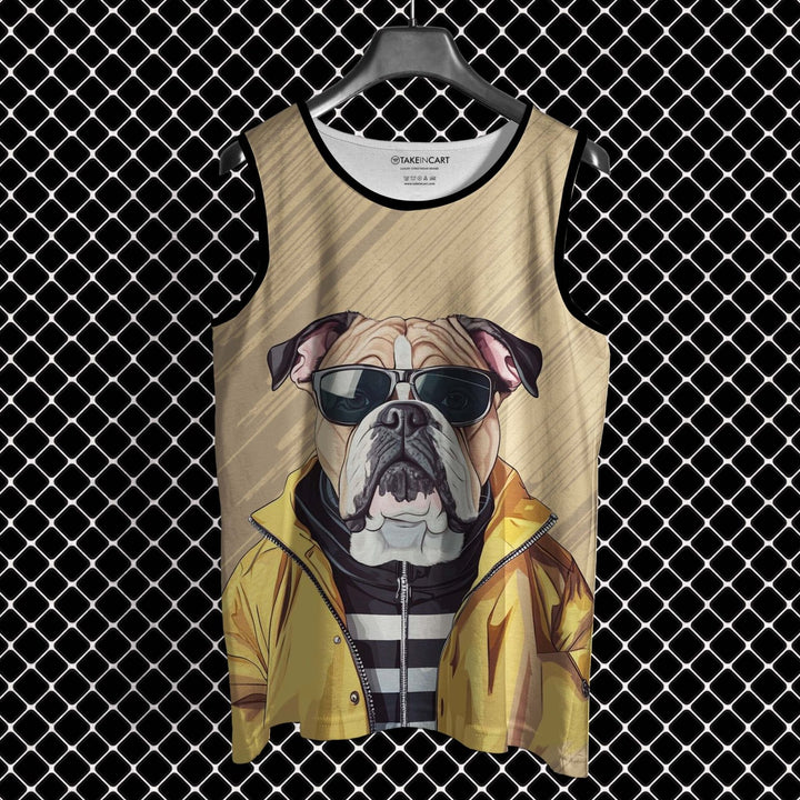 Oversized full print sando featuring bulldog in sunglasses and yellow jacket over striped shirt on hanger