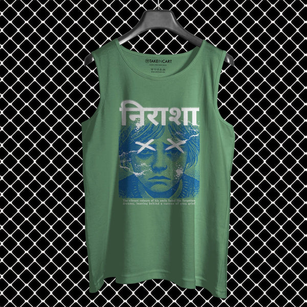 Takeincart green cotton sandos sleeveless top for workout with graphic print on front