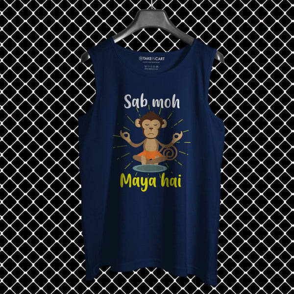 Takeincart navy cotton summer sando for men with meditating monkey graphic and Sab moh Maya hai text