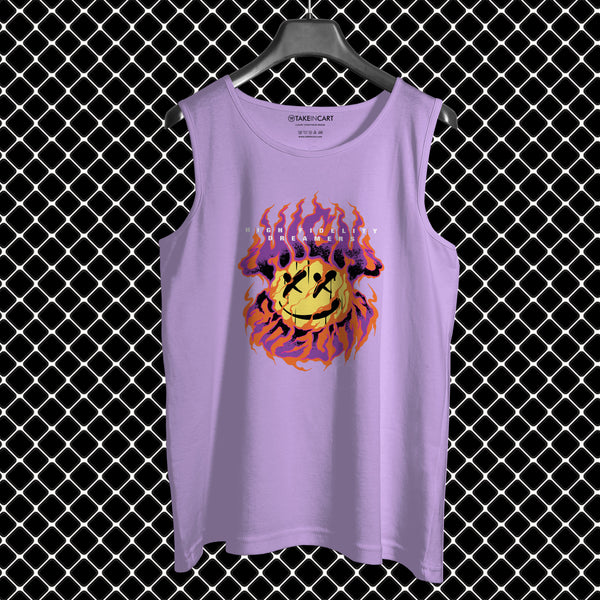 Purple cotton men sando by Takeincart with flaming smiley face graphic on front
