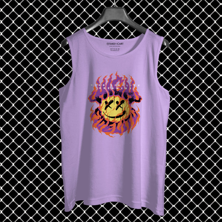 Purple cotton men sando by Takeincart with flaming smiley face graphic on front