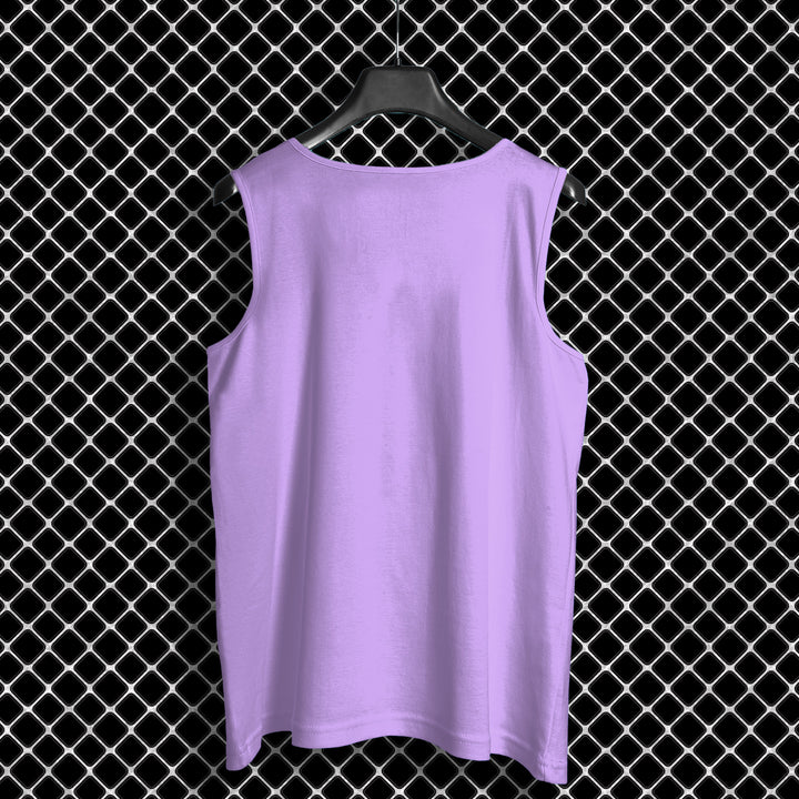Lavender cotton men sando displayed on black hanger against wire mesh background