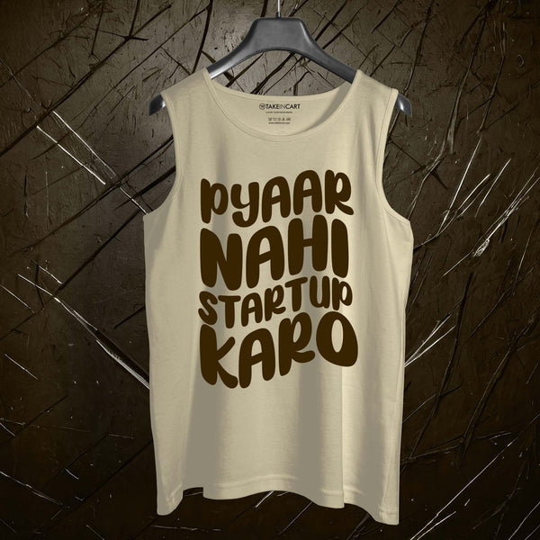 Takeincart beige cotton vest style sando with brown text graphic design hanging on black hanger