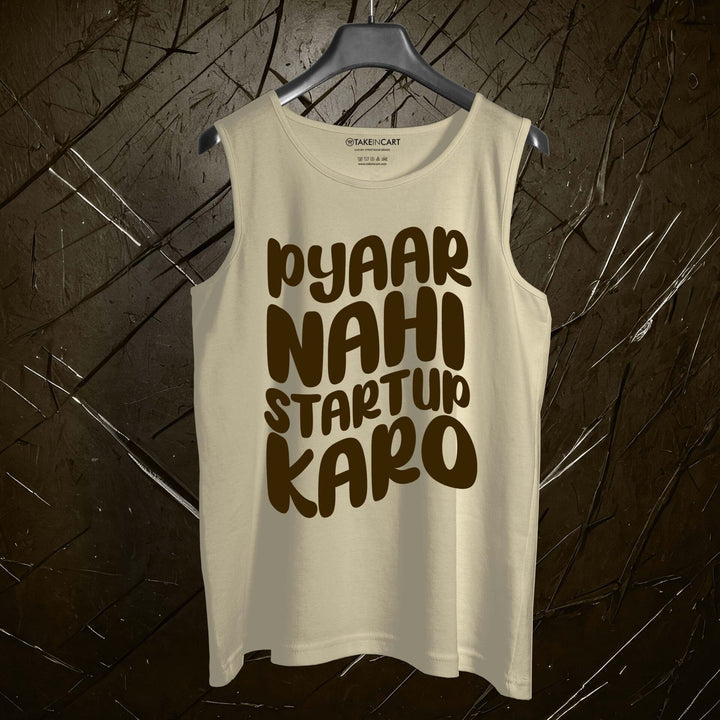 Takeincart beige cotton vest style sando with brown text graphic design hanging on black hanger