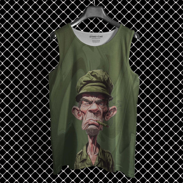 Takeincart olive green full printed sando featuring a 3D graphic print sando of a grumpy soldier smoking a cigar