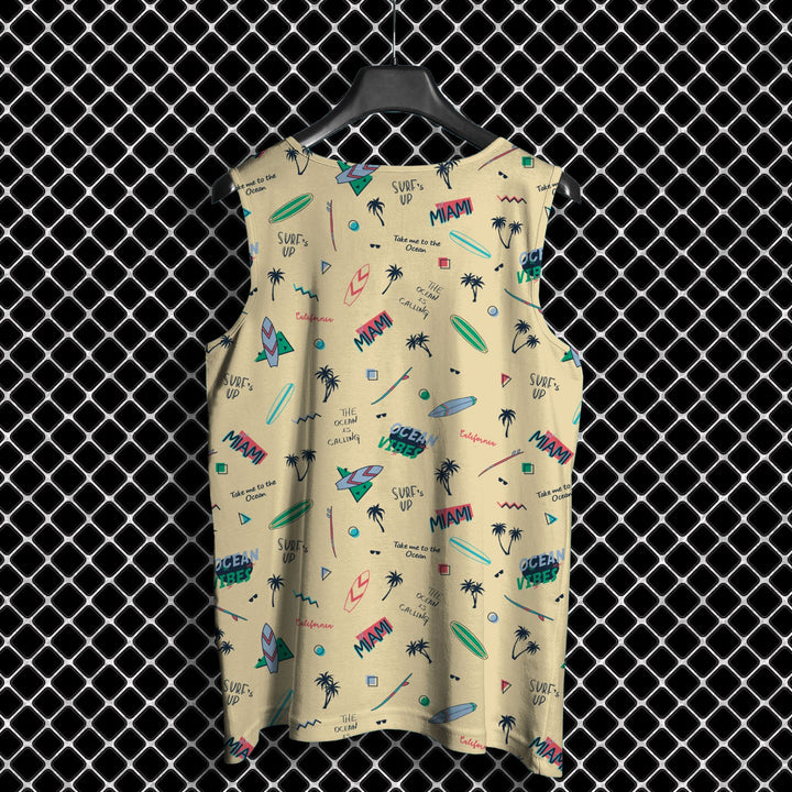 Anime print sando full printed beige surf Miami pattern sleeveless shirt on hanger by Takeincart