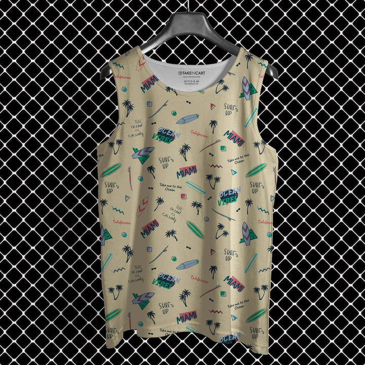 Takeincart Anime print sando beige full printed sando with tropical surf Miami palm tree pattern