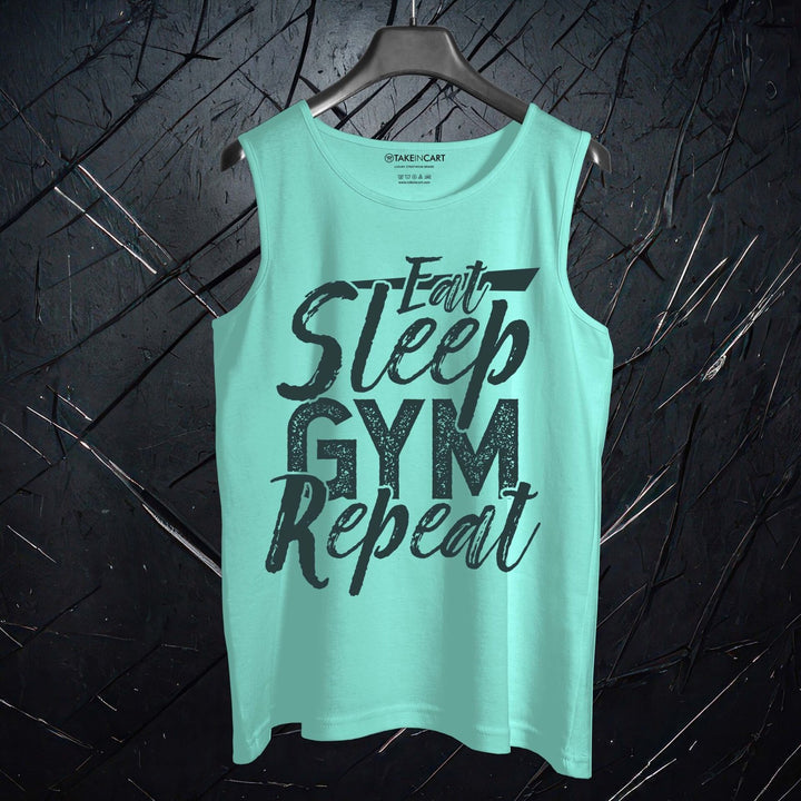 Takeincart cotton workout sando for men in light blue with Eat Sleep Gym Repeat print