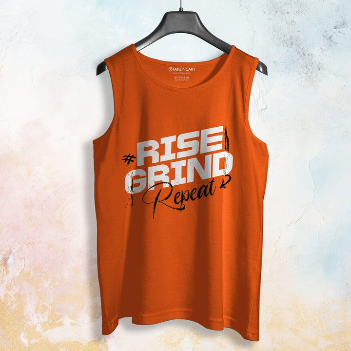 Orange Takeincart ribbed cotton sando with Rise Grind Repeat graphic print sleeveless design