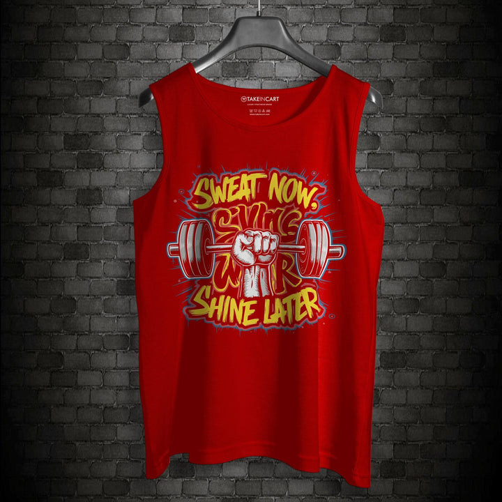 Red cotton sando from Takeincart with motivational workout graphic and text, top rated sando for gym