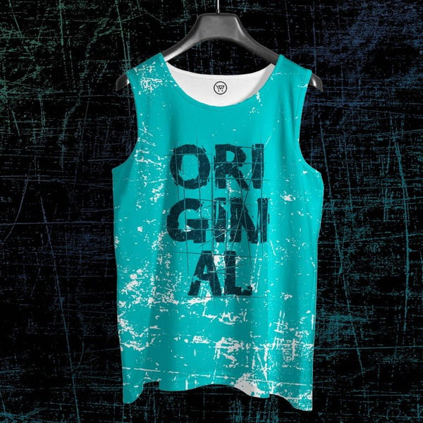 Turquoise distressed sleeveless tank with bold ORIGINAL lettering full print on hanger digital print sando