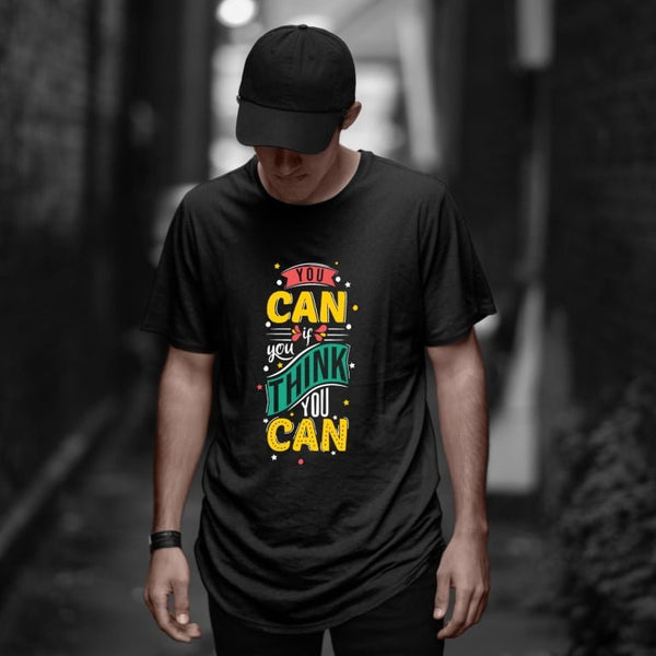 Takeincart cotton longline T shirt black with colorful You Can graphic worn by male model streetwear sando men
