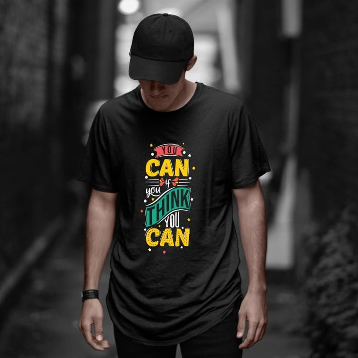 Takeincart cotton longline T shirt black with colorful You Can graphic worn by male model streetwear sando men