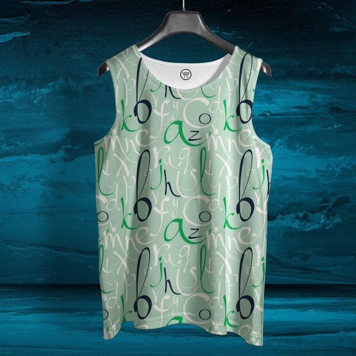 Takeincart full printed sando tank top with green abstract script pattern on hanger fashion sando men casual sleeveless