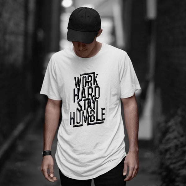 Takeincart cotton longline T shirt with Work Hard Stay Humble typographic print worn by model cool printed sando