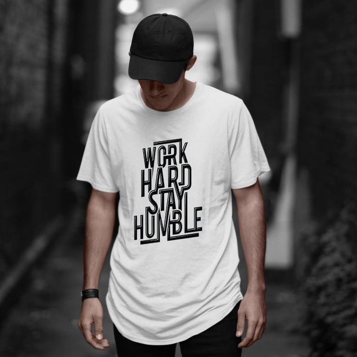 Takeincart cotton longline T shirt with Work Hard Stay Humble typographic print worn by model cool printed sando
