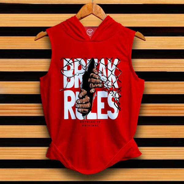 Takeincart red cotton hooded sando with Break Rules graphic and hands tearing fence Sleeveless hoodie