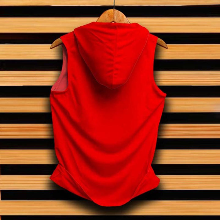 Takeincart red cotton Sleeveless hoodie sandos back view on wooden hanger against slatted wood background